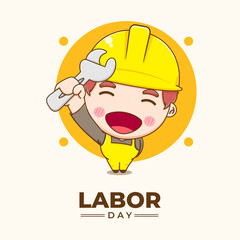 Cute worker cartoon logo character. Labor day concept design. Chibi boy with helmet. Isolated background