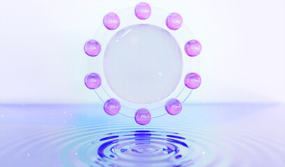  vitamin oil floating with ripple water surface. 3d illustration.