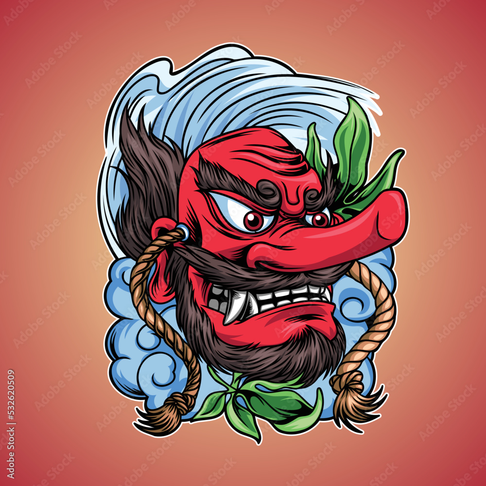 Sticker Tengu Japanese Doll Illustration