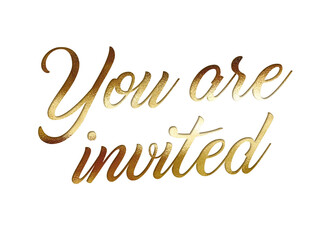 Golden glitter isolated hand writing word YOU ARE INVITED on transparent background - 532620757