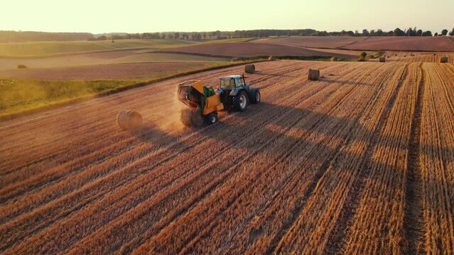 Golden field with bales of hay and blue tracktor stacking hay with green fields in the background. Agriculture. Horizontal shot. High quality 4k footage