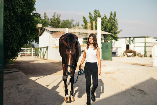 Woman with horse in an equestrian center