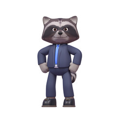 3d render of raccoon in business suit standing in hero pose
