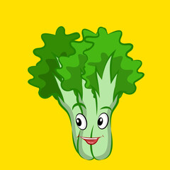 Smiling cute lettuce, clip art isolated on yellow background suitable for sticker print design, illustration or collection.