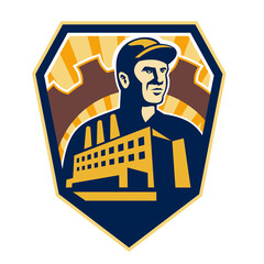 Factory Worker Building Cog Shield Retro