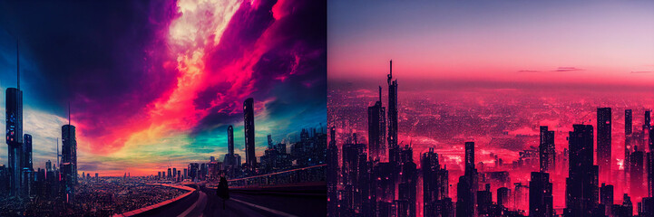 Sunset in the cyberpunk futuristic city, collection, neon lights