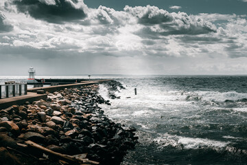 The Pier Of The Harbor In Raa Just Outside Helsingborg Over Looking Oresund. - obrazy, fototapety, plakaty