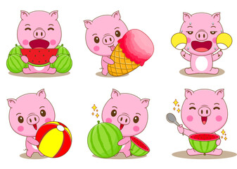 Cute pig cartoon character summer activity. Pig eating ice cream, watermelon, playing beach ball. Adorable animal concept flat design. Isolated white background. Vector illustration