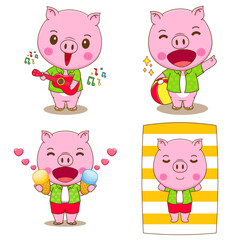 Cute cartoon character of  pig wear beachwear doing summer activity. Pig playing guitar, beach ball, eat ice cream, sunbathing. Adorable Animal concept design. Vector art illustration.