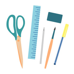 Flat design of school tools, supplies, stationery. Pen, pencil, ruler, scissors and other items. Vector illustration isolated on white.