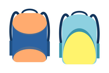 School bags and backpacks. College and school boy and girl student bags. Back to school flat illustration. Set of cute and colorful cartoon style school bags.