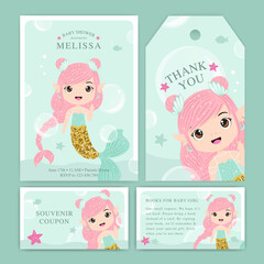 Glitter mermaid baby shower invitation set