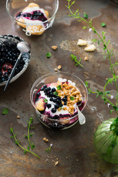 Parfait with yogurt, biscuit, granola and berries