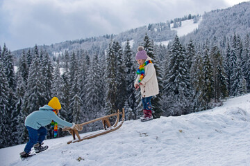 Boy and girl sledding in a snowy forest. Outdoor winter kids fun for Christmas and New Year....