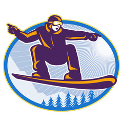 Snowboarder Holding Snowboard Retro