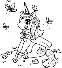 children s coloring cute unicorn sits on a meadow