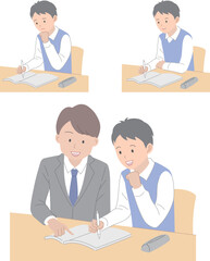 勉強をする男子学生と教える男性教師のイラスト素材セット