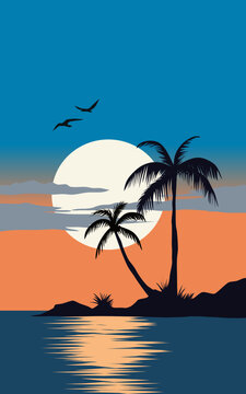 Sunset in the island with trees in silhouette. 