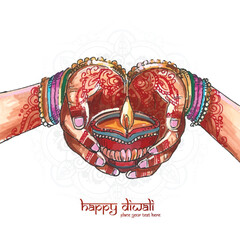 Beautiful hand holding watercolor for indian oil lamp diwali festival background