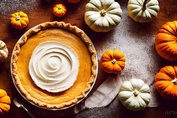 Fototapeta premium Homemade Thanksgiving pumpkin pie fall recipe, food photography and illustration