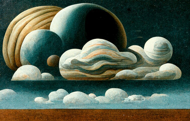 Clouds and planet in sky. Salvador Dali surrealism inspiration painting. © La Cassette Bleue