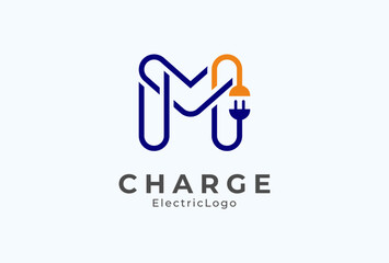 Letter M Electric Plug Logo, Letter M and Plug combination, flat design logo template element, vector illustration