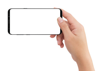 Human right hand holding black mobile smartphone with transparent screen