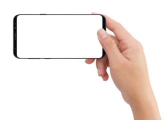 Human right hand holding black mobile smartphone with transparent screen