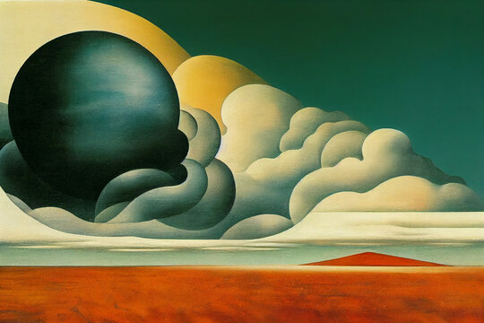 Clouds and planet in sky. Salvador Dali surrealism inspiration painting.
