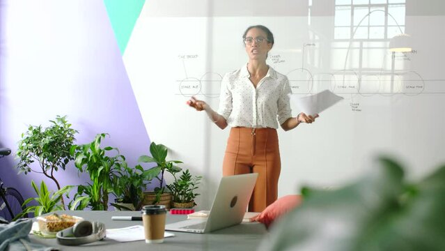 Leadership, idea and presentation practice by woman leader rehearsal speech for innovation discussion in an office. Vision, goal and mission by young, excited female explain planning and strategy