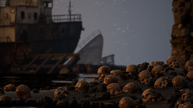 Beach full of bones after the shipwreck