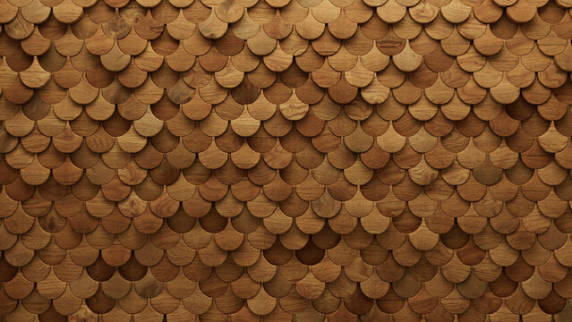 Wood, Natural Mosaic Tiles arranged in the shape of a wall. 3D, Soft sheen, Blocks stacked to create a Fish Scale block background. 3D Render