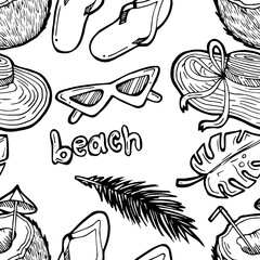 Summer tropical beach. Vacation on the sea or ocean. Relaxation and travel by the water. Outline hand drawn sketch. Drawing with ink. Isolated on white background. Vector.