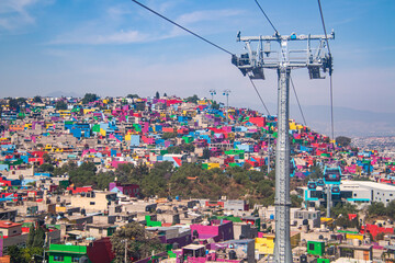 View of the Iztapalapa neighborhood from the Cablebús, a gondola lift, aerial tram and part of the...