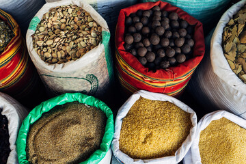 Bags of cereals, legumes and herbs