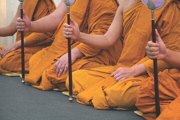 blurred, Buddhist monks praying at Buddha temple.