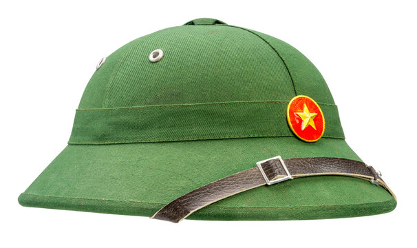 Military classic green helmet with golden star isolated on white background with work path.