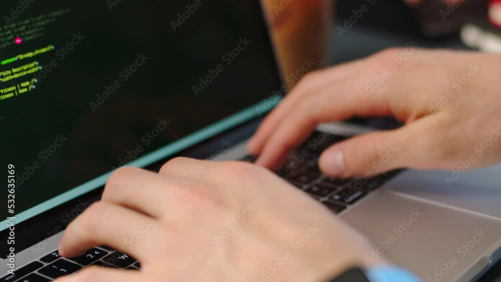 Poster Code, programming and computer language with the hands of a coder or programmer typing on a laptop keyboard for coding. Cyber security, analytics and writing with computing technology and mainframe