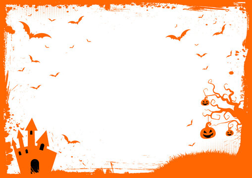Horizontal Halloween with orange grunge border, bat, pumpkin on transparent background