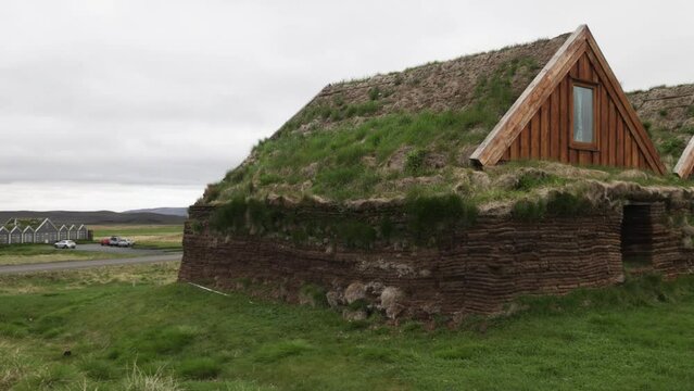 Turf houses in Iceland with video panning left to right.