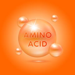 Amino acid capsules vitamins complex, minerals on orange background vector. Dietary supplement for pharmacy advertisement, vitamins package design. Science medic concept.