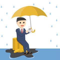 businessman sitting protect the wealth from rain