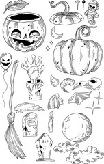 Black and white halloween hand drawn illustrations set. Vector halloween set.