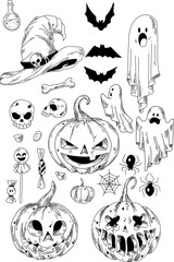 Black and white set of halloween icons vector illustration