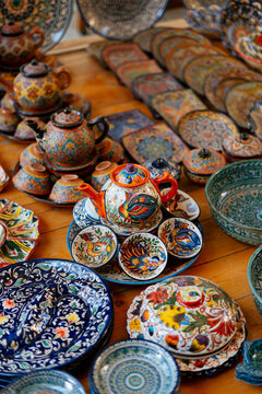 Decorative ceramic plates with traditional uzbek ornament 