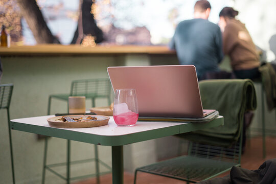 View Of Work Table In A Coffee Shop