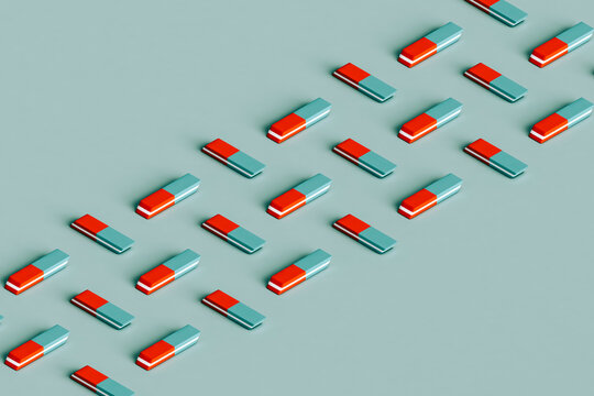 rows of red and blue erasers