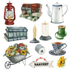 Set of autumn farm elements and products isolated on white background.Hand-drawn farmhouse collection.Watercolor collection of pumpkin, sunflower,  rustic, vintage lantern, candle, plaid, teapot, cup