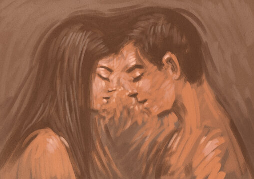 Man and woman touching heads