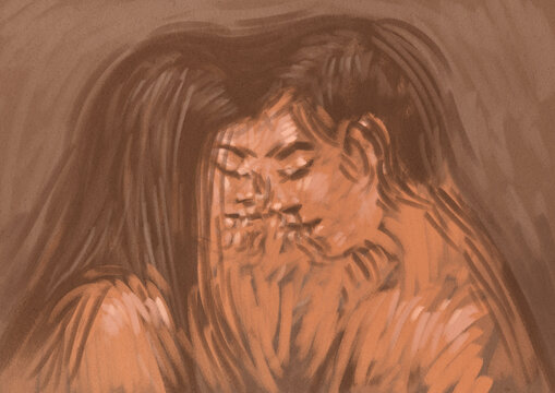 Man and woman touching heads